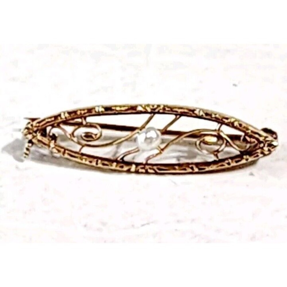 Vintage 14K Yellow Gold Pearl Filigree Art Nouveau Pin Brooch 1"  1.15g